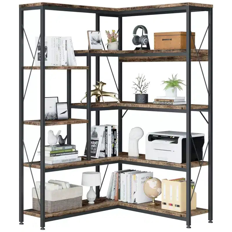 Étagère d'angle à 5 niveaux, bibliothèque d'angle en forme de L de 180 cm de haut, étagère de rangement d'angle avec cadre en métal pour salon et bureau