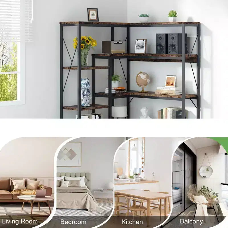 Étagère d'angle à 5 niveaux, bibliothèque d'angle en forme de L de 180 cm de haut, étagère de rangement d'angle avec cadre en métal pour salon et bureau