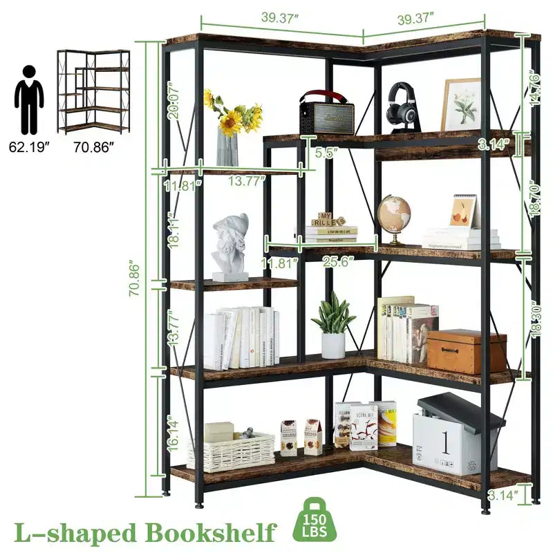 Étagère d'angle à 5 niveaux, bibliothèque d'angle en forme de L de 180 cm de haut, étagère de rangement d'angle avec cadre en métal pour salon et bureau