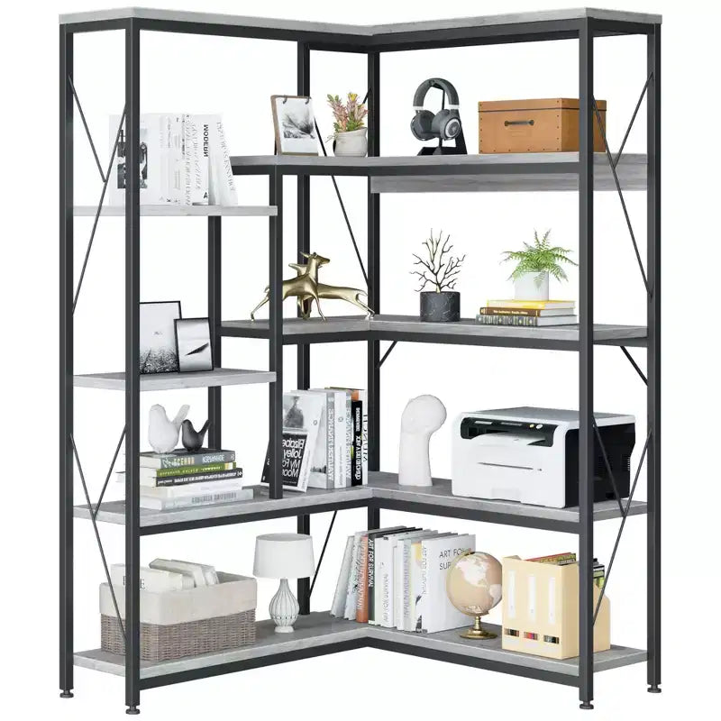 Étagère d'angle à 5 niveaux, bibliothèque d'angle en forme de L de 180 cm de haut, étagère de rangement d'angle avec cadre en métal pour salon et bureau