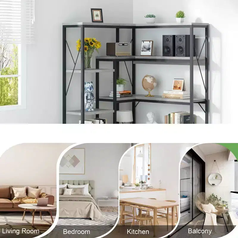 Étagère d'angle à 5 niveaux, bibliothèque d'angle en forme de L de 180 cm de haut, étagère de rangement d'angle avec cadre en métal pour salon et bureau