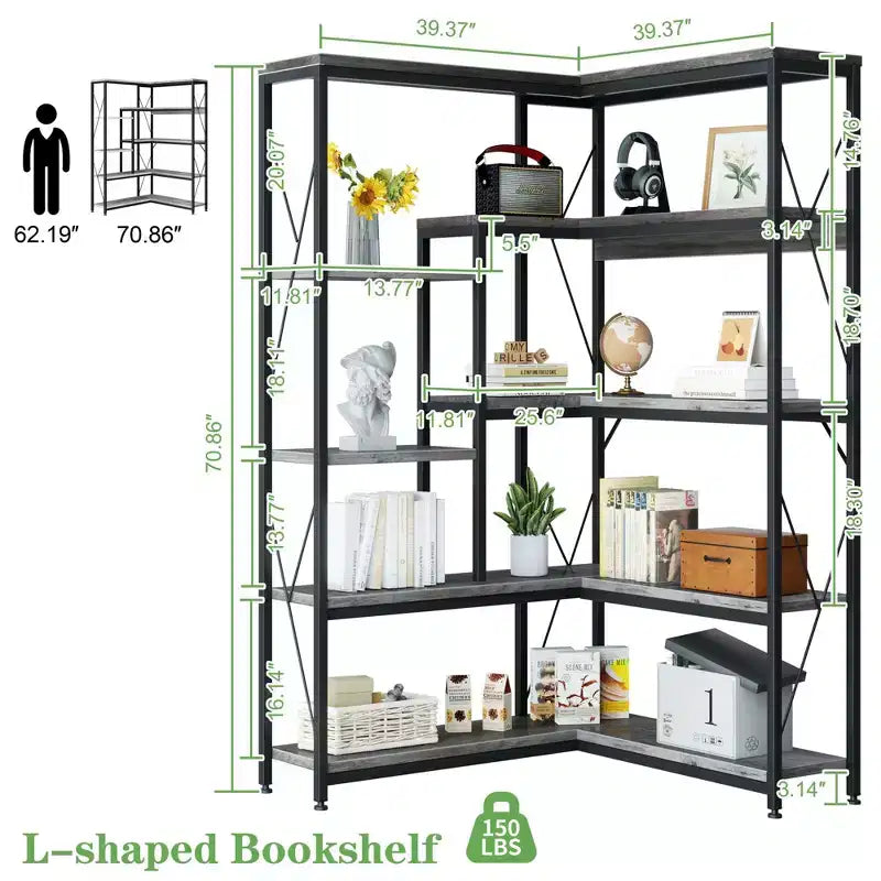 Étagère d'angle à 5 niveaux, bibliothèque d'angle en forme de L de 180 cm de haut, étagère de rangement d'angle avec cadre en métal pour salon et bureau