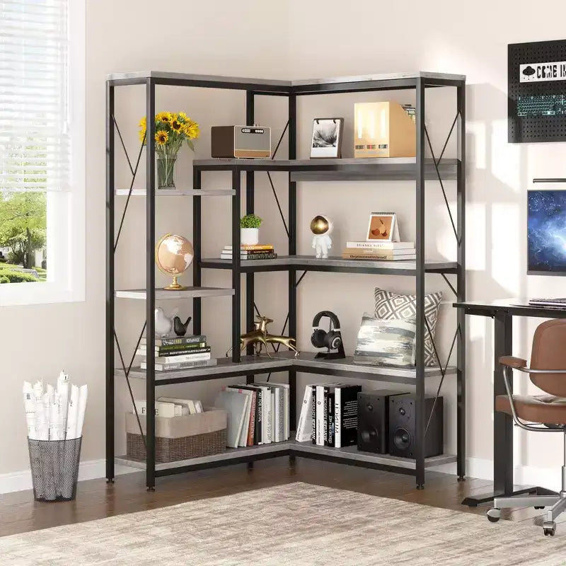 Étagère d'angle à 5 niveaux, bibliothèque d'angle en forme de L de 180 cm de haut, étagère de rangement d'angle avec cadre en métal pour salon et bureau