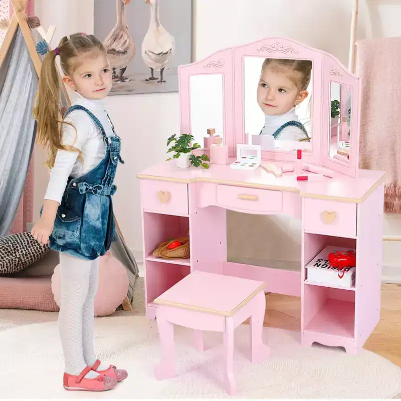 Coiffeuse en bois avec 3 tiroirs et miroir, convient aux 3-9 ans