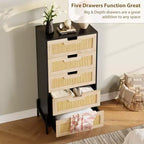 Natural Rattan 5-Drawer Dresser, Modern Farmhouse Wooden Chest with Solid Metal Legs, Bedroom, Entryway & Living Room Storage Cabinet