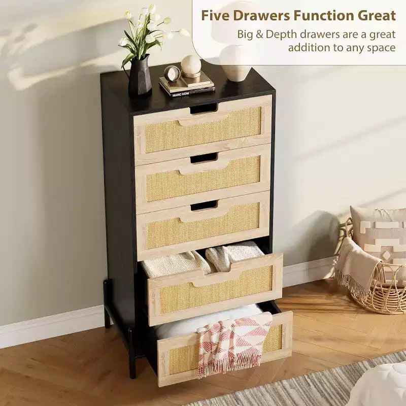Natural Rattan 5-Drawer Dresser, Modern Farmhouse Wooden Chest with Solid Metal Legs, Bedroom, Entryway & Living Room Storage Cabinet