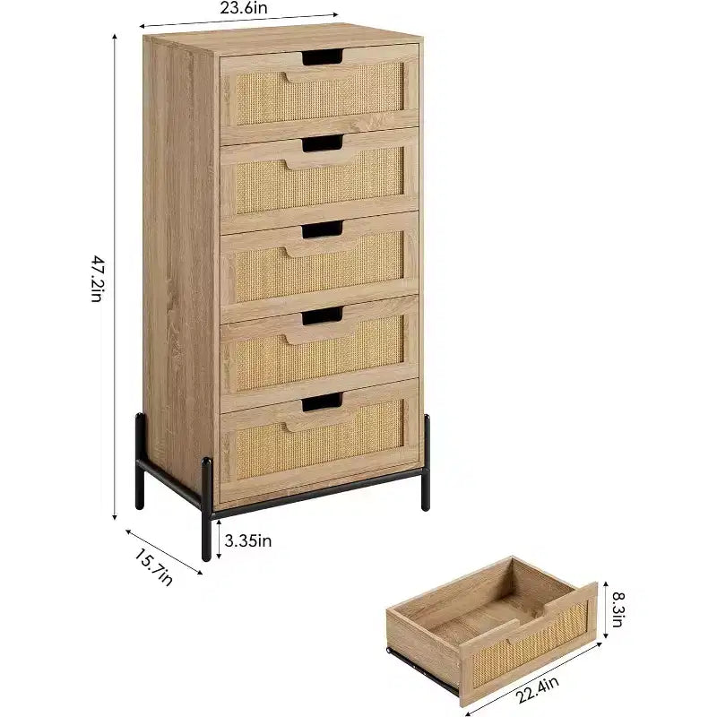 Natural Rattan 5-Drawer Dresser, Modern Farmhouse Wooden Chest with Solid Metal Legs, Bedroom, Entryway & Living Room Storage Cabinet