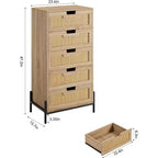 Natural Rattan 5-Drawer Dresser, Modern Farmhouse Wooden Chest with Solid Metal Legs, Bedroom, Entryway & Living Room Storage Cabinet