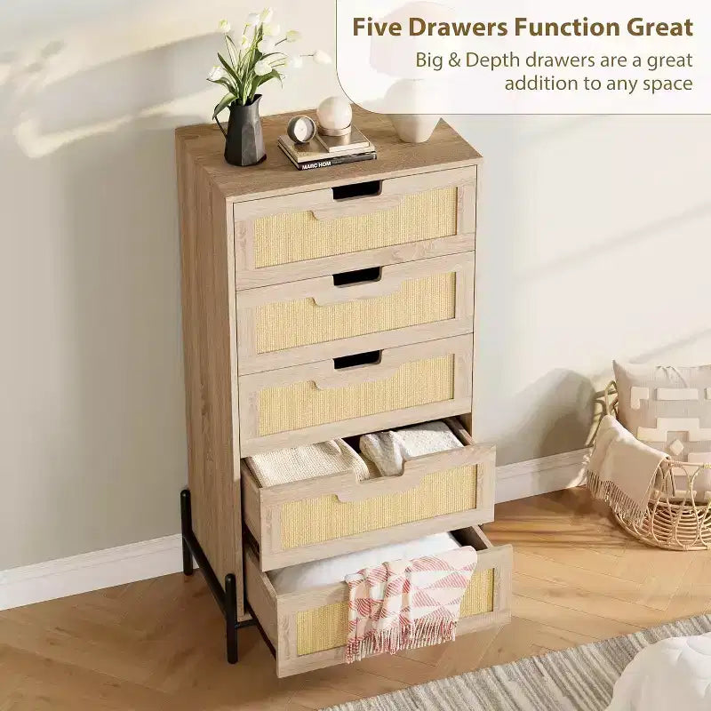 Natural Rattan 5-Drawer Dresser, Modern Farmhouse Wooden Chest with Solid Metal Legs, Bedroom, Entryway & Living Room Storage Cabinet