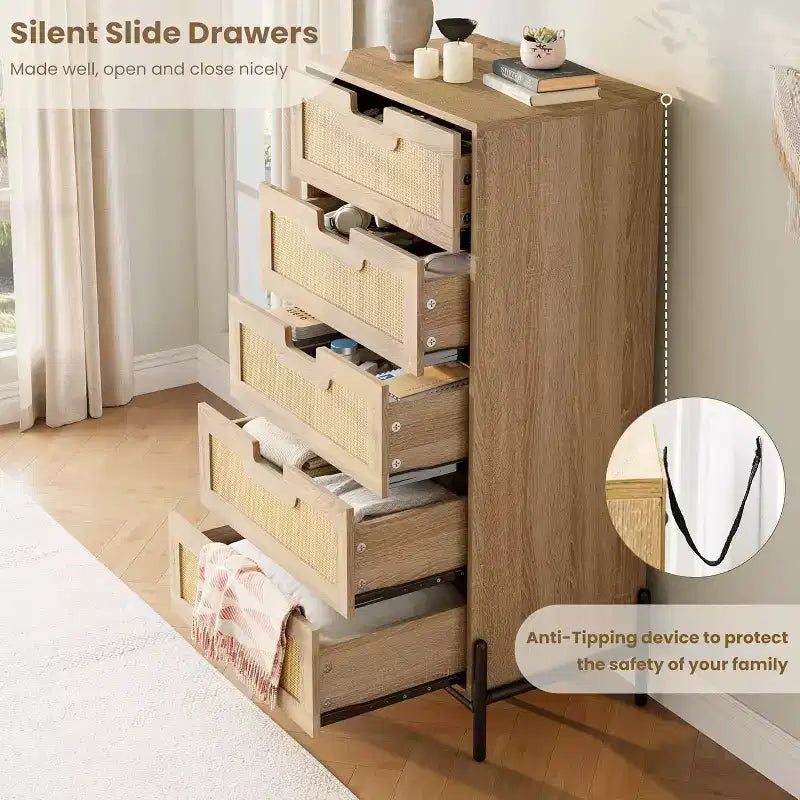 Natural Rattan 5-Drawer Dresser, Modern Farmhouse Wooden Chest with Solid Metal Legs, Bedroom, Entryway & Living Room Storage Cabinet