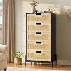 COZONY Natural Rattan 5-Drawer Dresser, Modern Farmhouse Wooden Chest with Solid Metal Legs, Bedroom, Entryway & Living Room Storage Cabinet