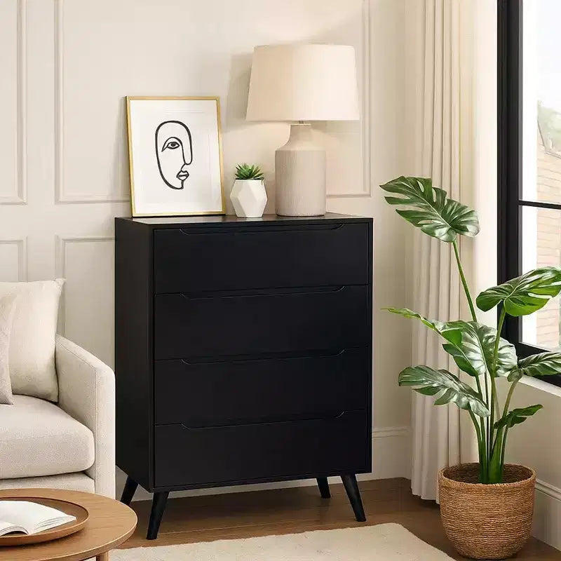 Commode 4 tiroirs en bois avec pieds ronds fuselés, noire