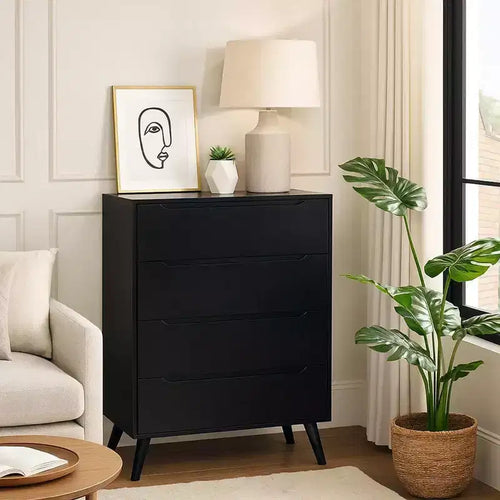 Commode 4 tiroirs en bois avec pieds ronds fuselés, noire