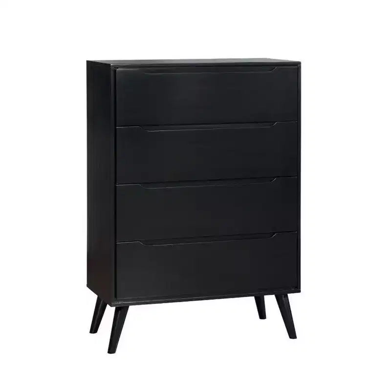 Commode 4 tiroirs en bois avec pieds ronds fuselés, noire