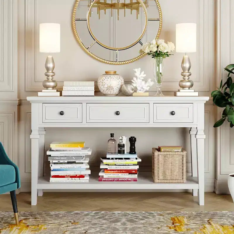 Vintage Console Table with Storage, Narrow Entryway Table with Drawers, Farmhouse Hallway Table with Open Shelf