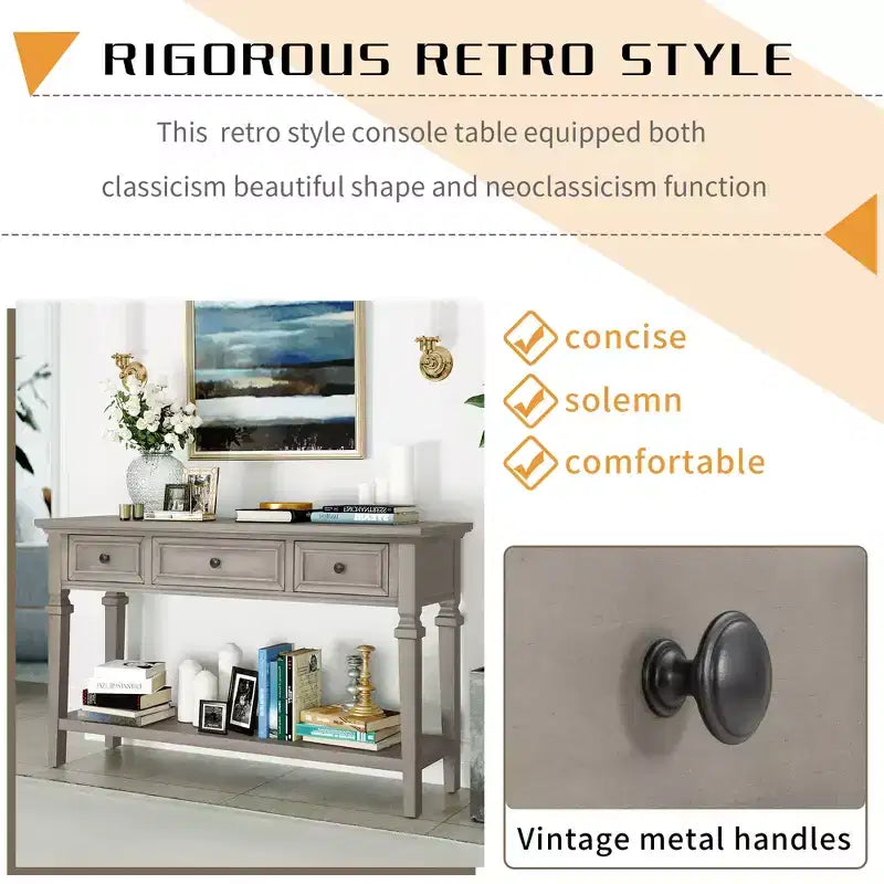 Vintage Console Table with Storage, Narrow Entryway Table with Drawers, Farmhouse Hallway Table with Open Shelf