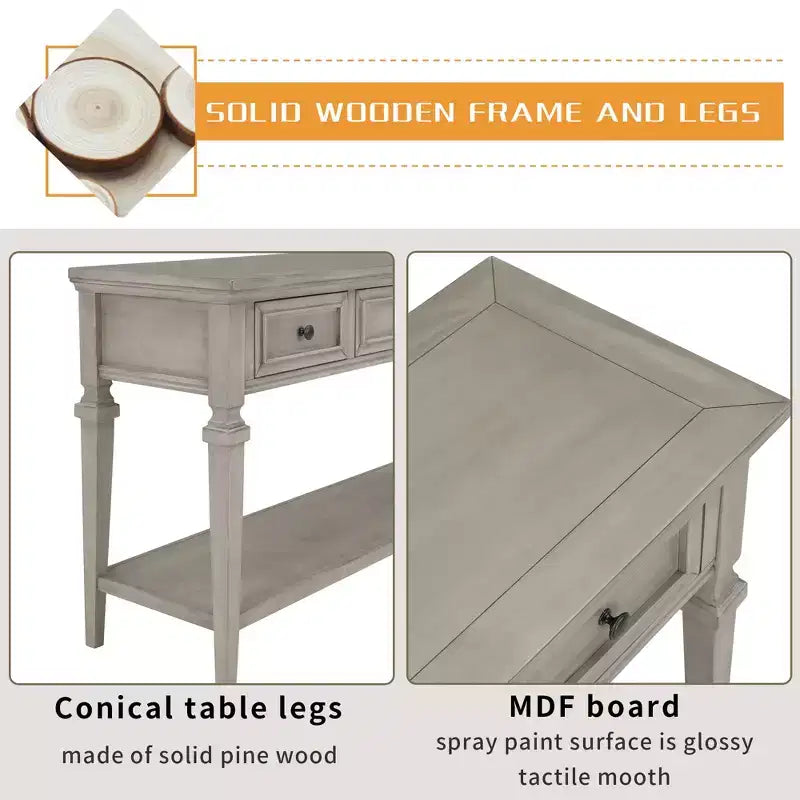 Vintage Console Table with Storage, Narrow Entryway Table with Drawers, Farmhouse Hallway Table with Open Shelf