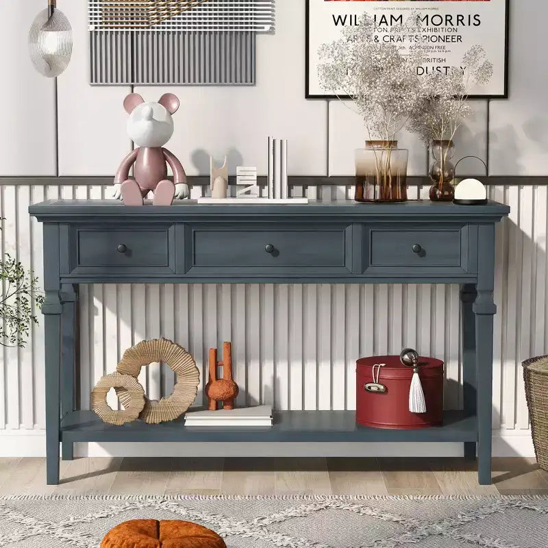 Vintage Console Table with Storage, Narrow Entryway Table with Drawers, Farmhouse Hallway Table with Open Shelf