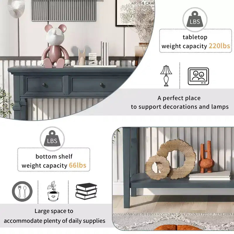 Vintage Console Table with Storage, Narrow Entryway Table with Drawers, Farmhouse Hallway Table with Open Shelf