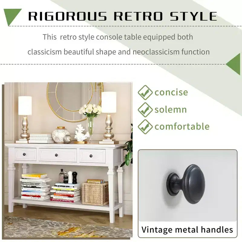 Vintage Console Table with Storage, Narrow Entryway Table with Drawers, Farmhouse Hallway Table with Open Shelf