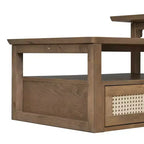 Table basse à 2 niveaux avec tiroir en rotin, table centrale carrée en bois avec étagère de rangement et 2 plateaux pour le salon