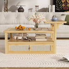 Table basse à 2 niveaux avec tiroir en rotin, table centrale carrée en bois avec étagère de rangement et 2 plateaux pour le salon