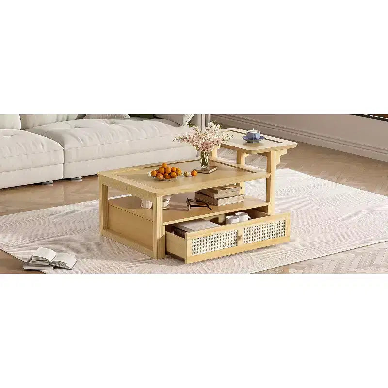 Table basse à 2 niveaux avec tiroir en rotin, table centrale carrée en bois avec étagère de rangement et 2 plateaux pour le salon
