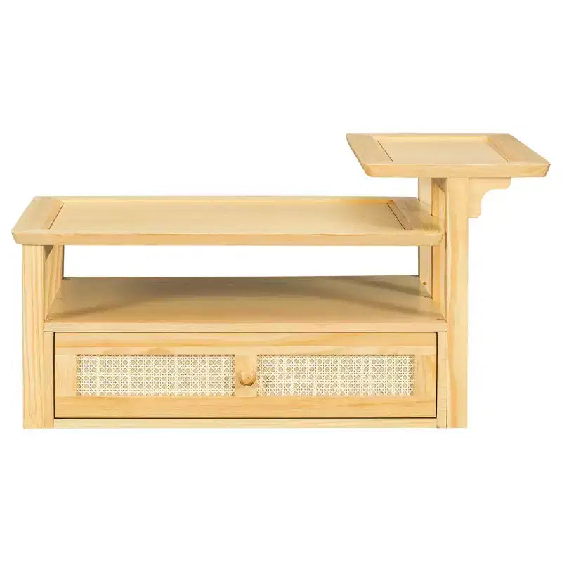 Table basse à 2 niveaux avec tiroir en rotin, table centrale carrée en bois avec étagère de rangement et 2 plateaux pour le salon