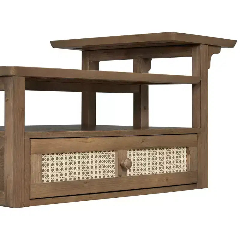 Table basse à 2 niveaux avec tiroir en rotin, table centrale carrée en bois avec étagère de rangement et 2 plateaux pour le salon