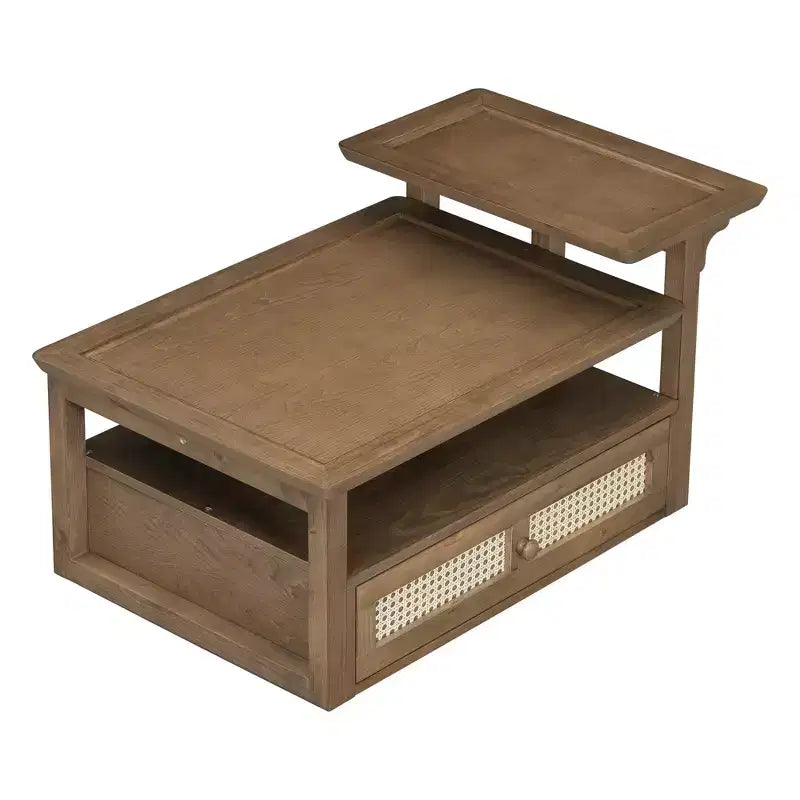 Table basse à 2 niveaux avec tiroir en rotin, table centrale carrée en bois avec étagère de rangement et 2 plateaux pour le salon
