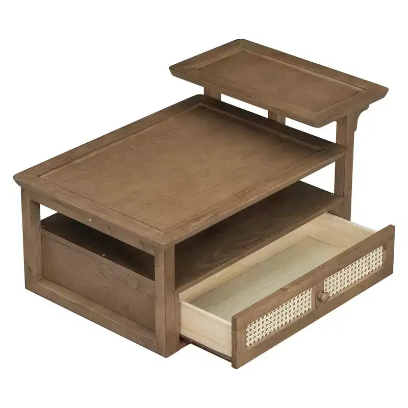 Table basse à 2 niveaux avec tiroir en rotin, table centrale carrée en bois avec étagère de rangement et 2 plateaux pour le salon
