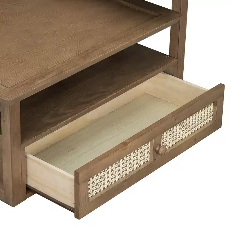 Table basse à 2 niveaux avec tiroir en rotin, table centrale carrée en bois avec étagère de rangement et 2 plateaux pour le salon