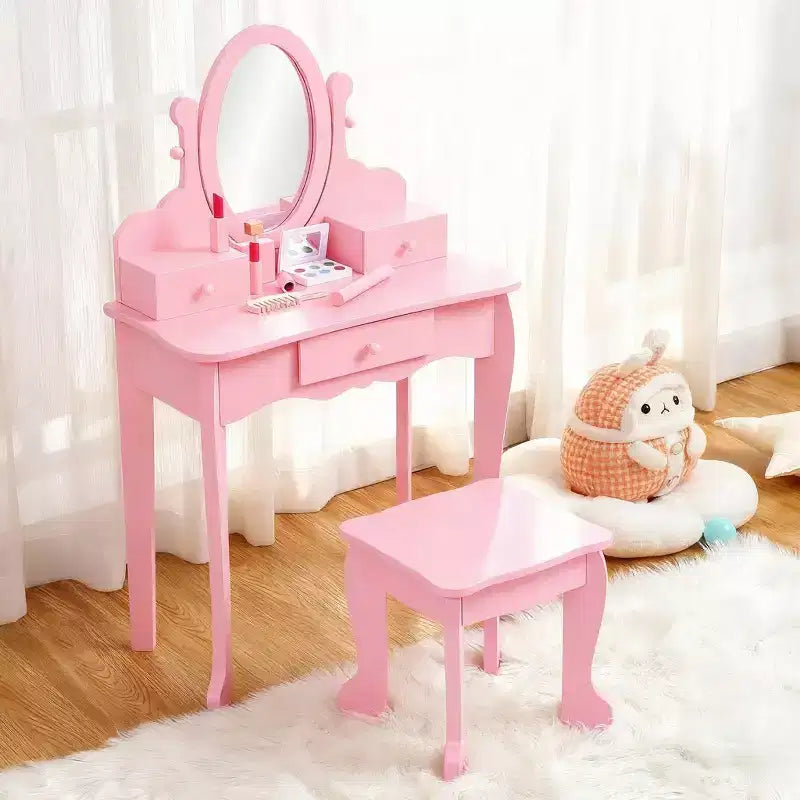 GustoWave Pink Kids Vanity Set  Girls Wooden Makeup Table with Adjustable Mirror & Stool, Dress-Up Playset for Ages 49