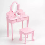 Table de maquillage pour enfants rose en bois avec miroir réglable et tabouret, Ensemble de jeu d'imitation pour les 4-9 ans