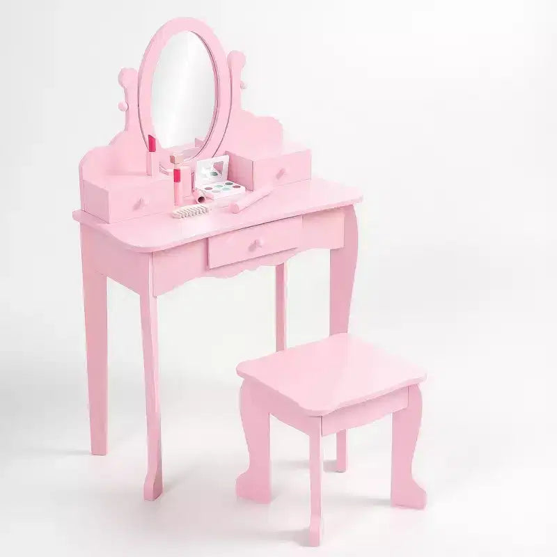 Table de maquillage pour enfants rose en bois avec miroir réglable et tabouret, Ensemble de jeu d'imitation pour les 4-9 ans