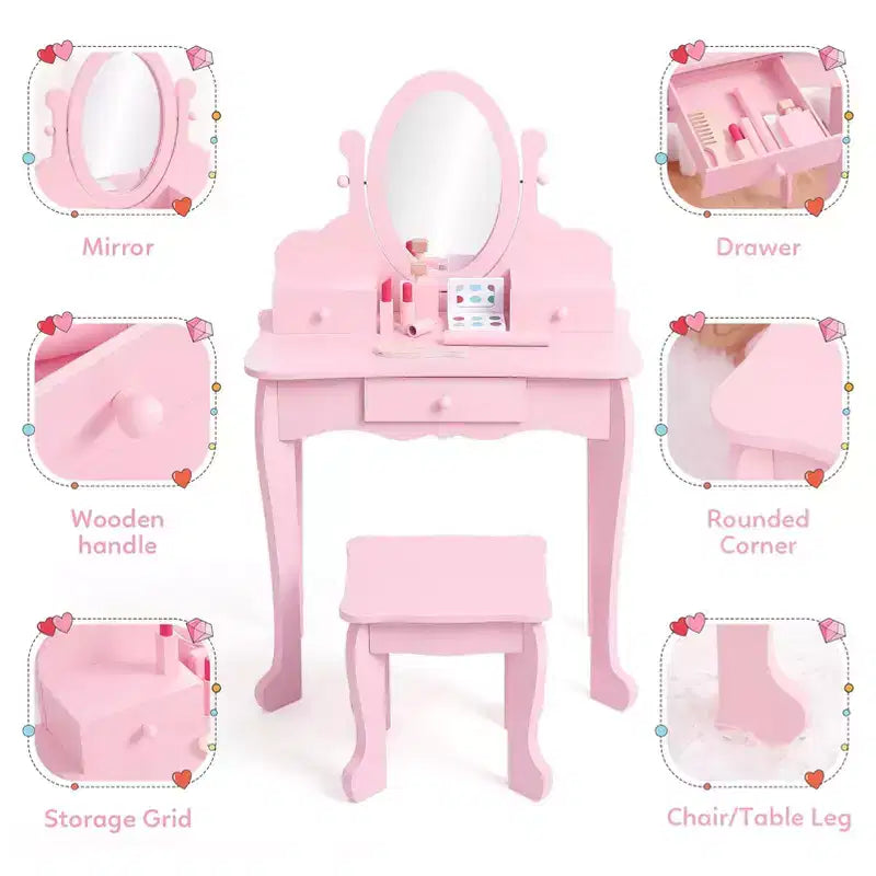 Table de maquillage pour enfants rose en bois avec miroir réglable et tabouret, Ensemble de jeu d'imitation pour les 4-9 ans