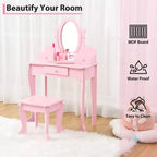 Table de maquillage pour enfants rose en bois avec miroir réglable et tabouret, Ensemble de jeu d'imitation pour les 4-9 ans