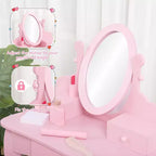 Table de maquillage pour enfants rose en bois avec miroir réglable et tabouret, Ensemble de jeu d'imitation pour les 4-9 ans