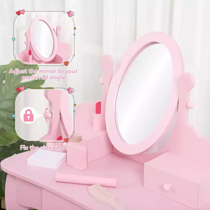 Table de maquillage pour enfants rose en bois avec miroir réglable et tabouret, Ensemble de jeu d'imitation pour les 4-9 ans