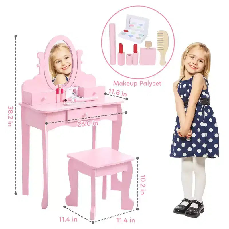 Table de maquillage pour enfants rose en bois avec miroir réglable et tabouret, Ensemble de jeu d'imitation pour les 4-9 ans