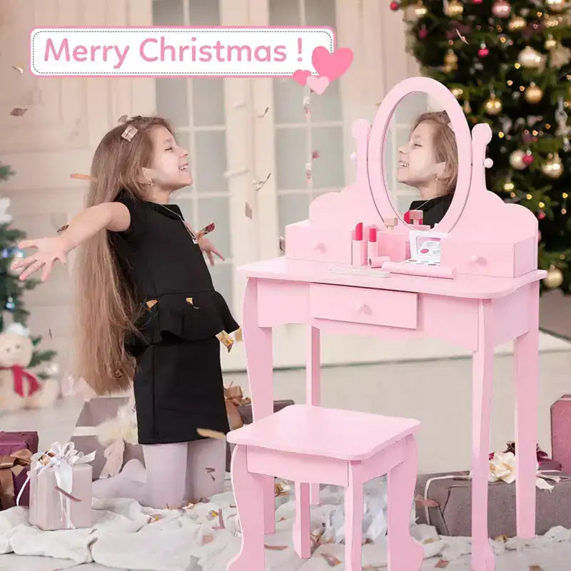 Table de maquillage pour enfants rose en bois avec miroir réglable et tabouret, Ensemble de jeu d'imitation pour les 4-9 ans