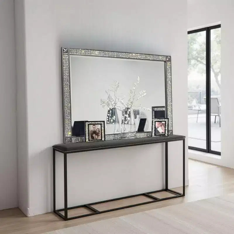 Miroir de commode, cadre en bois massif gris de 46 pouces, garniture en cristal