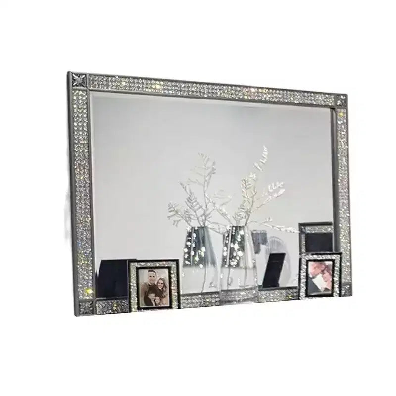 Miroir de commode, cadre en bois massif gris de 46 pouces, garniture en cristal