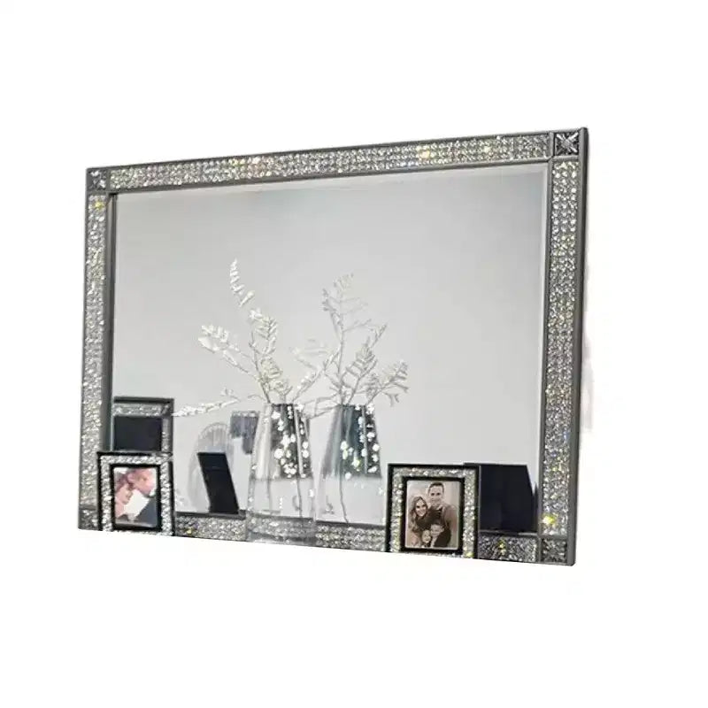Miroir de commode, cadre en bois massif gris de 46 pouces, garniture en cristal