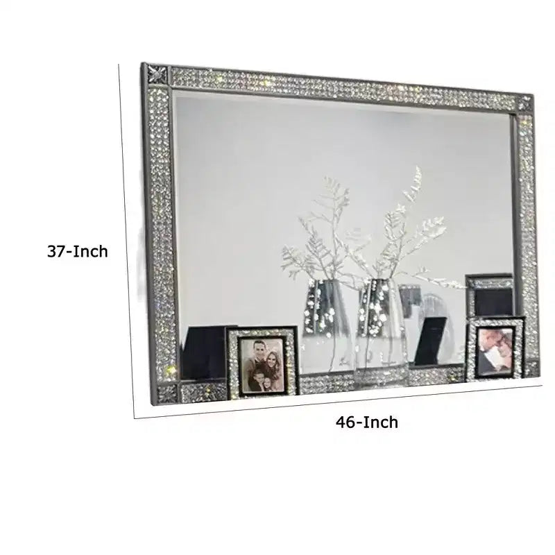 Miroir de commode, cadre en bois massif gris de 46 pouces, garniture en cristal