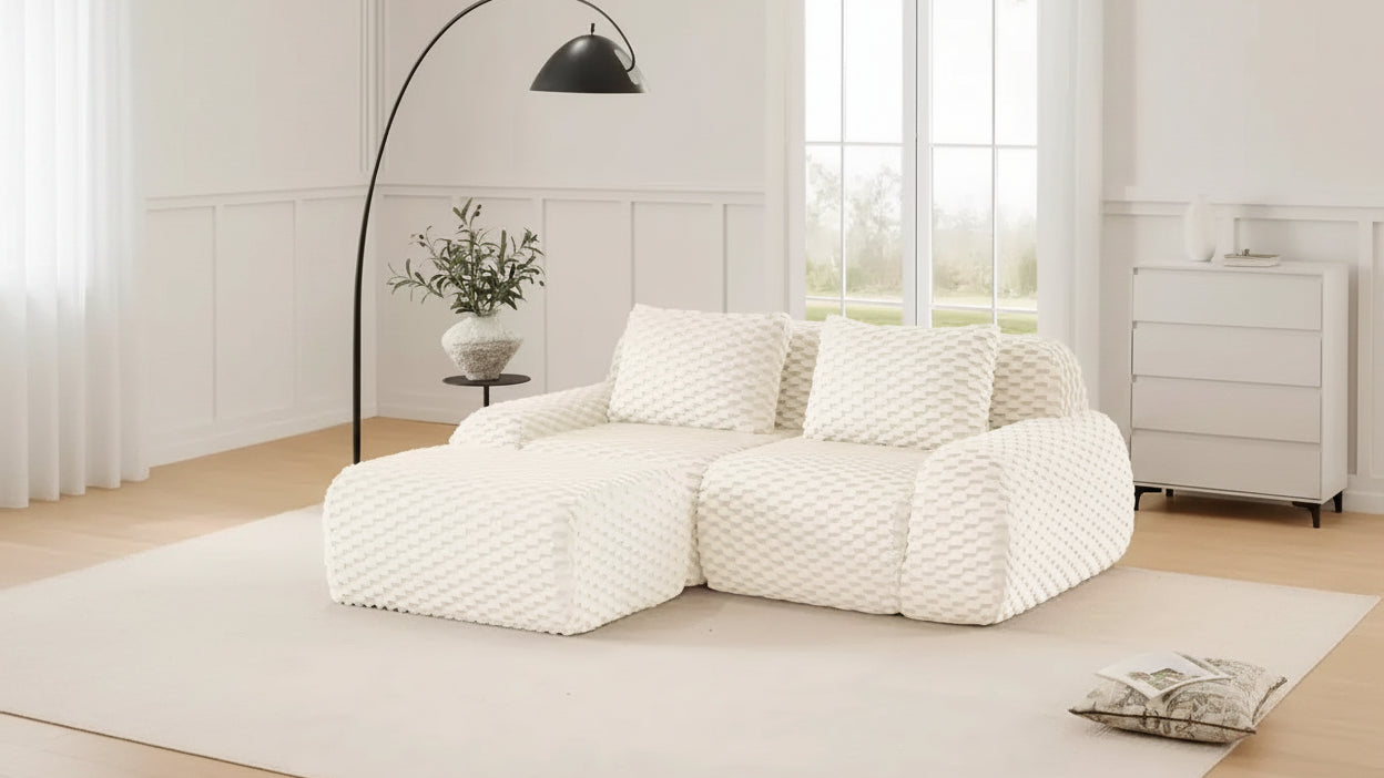 Canapé modulable en forme de L en flanelle 82 places avec pouf et boucle, aucun assemblage requis, couleur crème