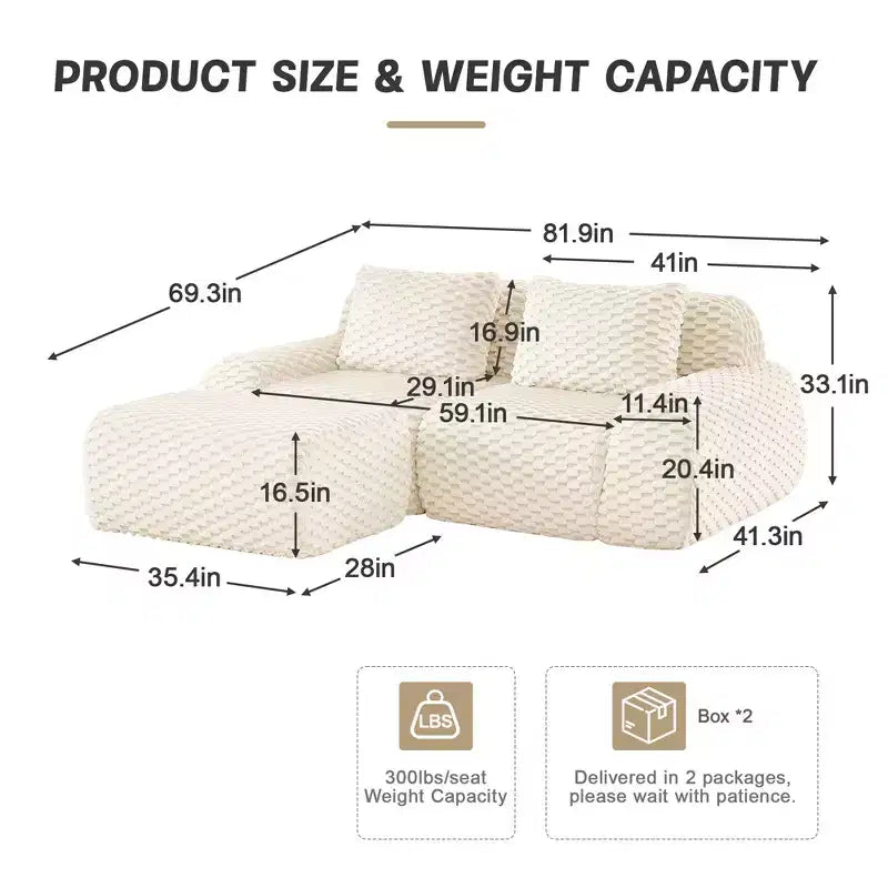 Canapé modulable en forme de L en flanelle 82 places avec pouf et boucle, aucun assemblage requis, couleur crème