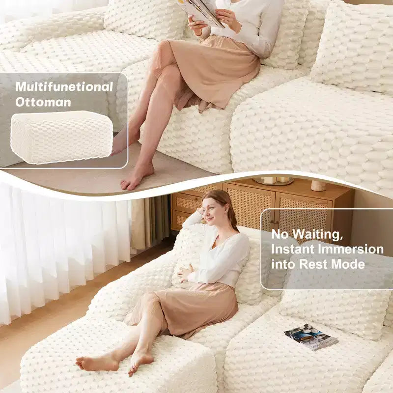 Canapé modulable en forme de L en flanelle 82 places avec pouf et boucle, aucun assemblage requis, couleur crème