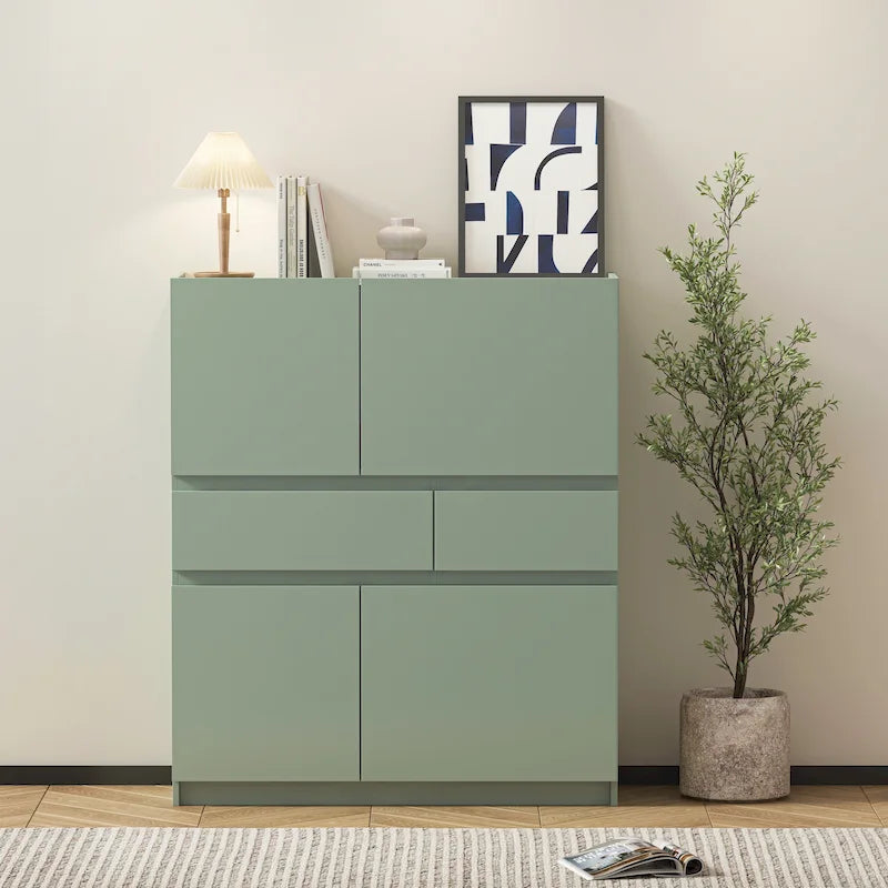 Armoire de rangement verte en bois avec 4 portes et 2 tiroirs