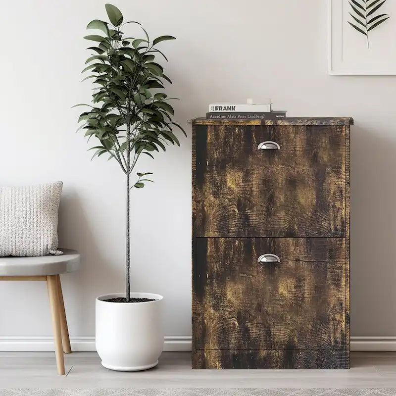 Meuble à chaussures étroit avec 2 tiroirs pour entrée, couleur bois naturel
